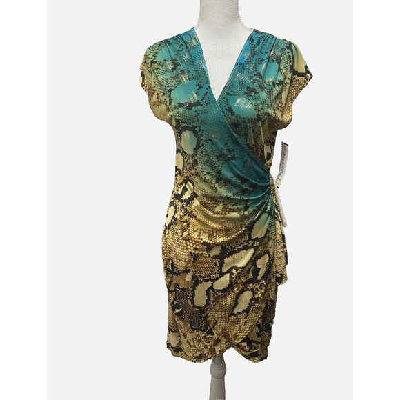 Joseph Ribkoff‎ Faux Wrap Dress Sz 12 Blue Gold Metallic Reptile Jeweled NWT - Picture 1 of 13